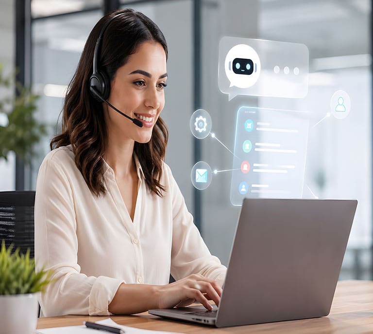 Business user interacting with AI-powered workflow tools and digital assistants to support automation and decision-making.