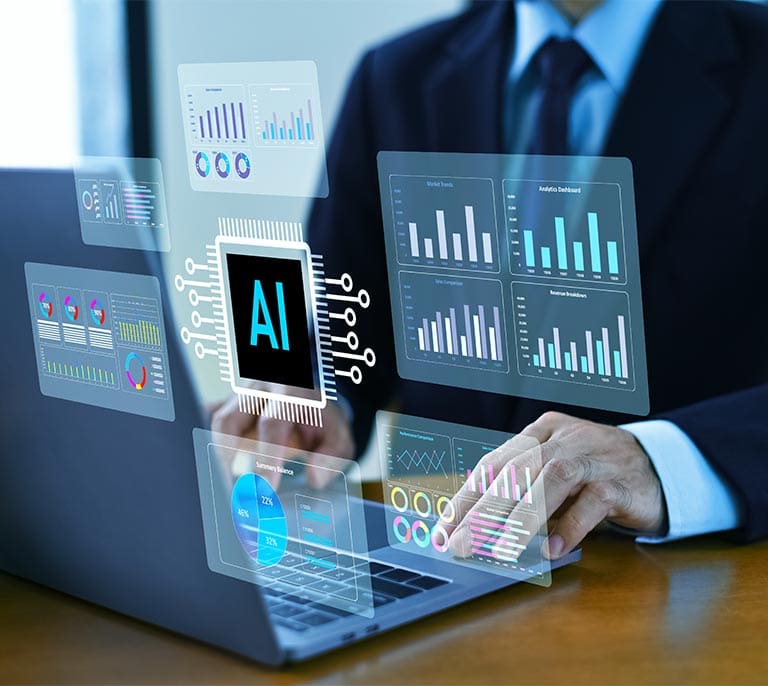 AI-powered analytics dashboard displaying business intelligence data, reporting metrics and performance insights on a laptop.