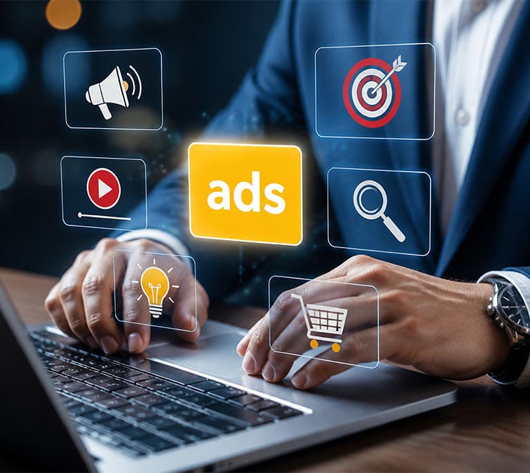 Digital advertising interface displaying AI-driven search advertising, audience targeting and online campaign management tools.