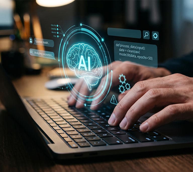 AI-powered search technology displayed on a laptop screen showing artificial intelligence, search analysis and digital marketing strategy concepts.