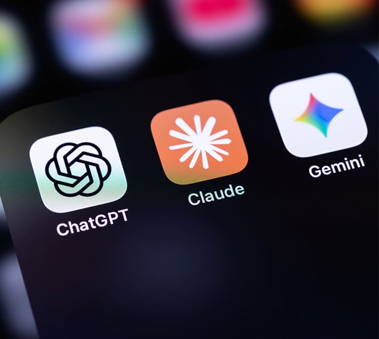 AI platform applications including ChatGPT, Claude and Gemini displayed on a mobile device representing AI strategy and technology adoption.
