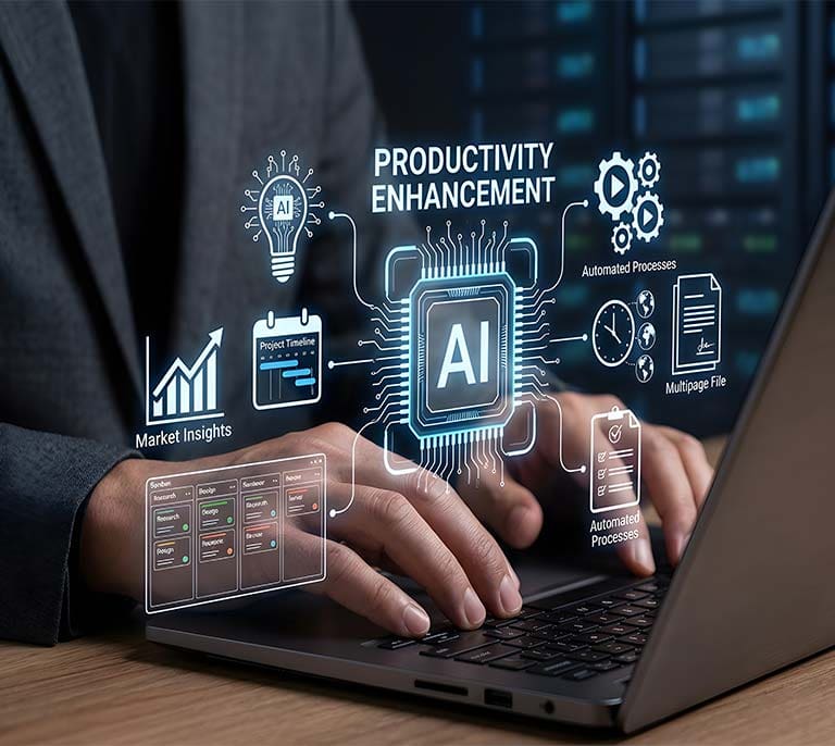 AI-powered workflow dashboard displaying process automation, productivity improvements and intelligent business process management.