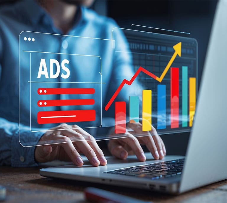 AI-powered analytics dashboard displaying audience behaviour data, search trends and customer intent insights on a laptop.