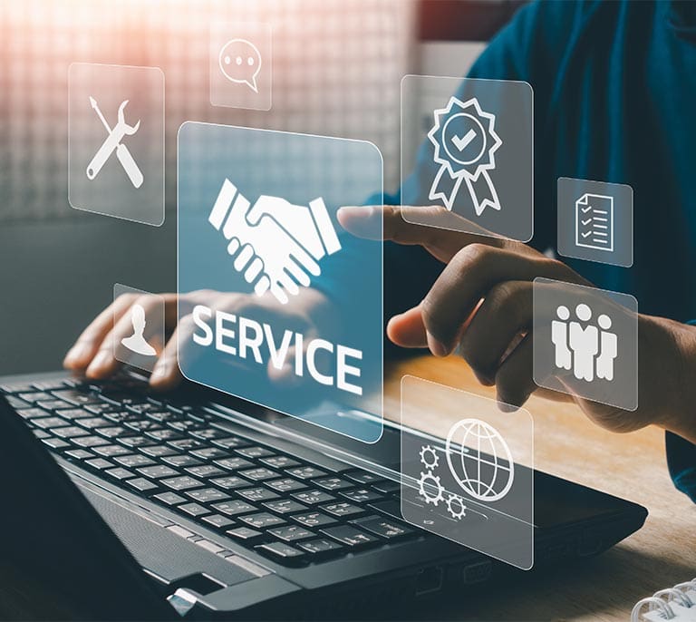 IT support interface displaying managed services, backup monitoring and recovery support for business systems.