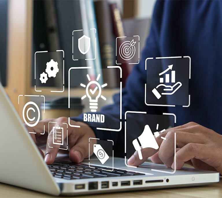 Brand strategy planning interface displaying positioning, messaging, brand development and business growth concepts.