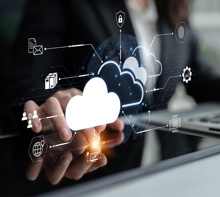 Cloud security infrastructure displaying secure cloud computing, access controls and network protection technologies.
