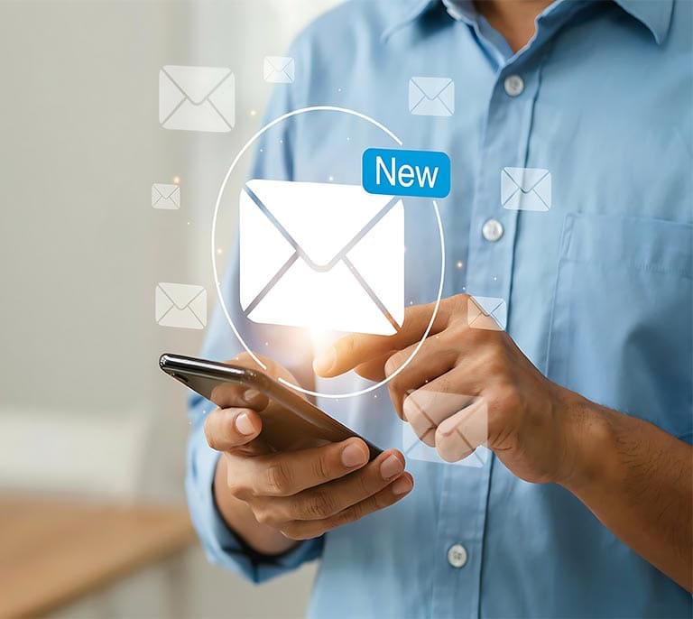 Mobile customer portal interface displaying digital communications, user engagement and self-service platform functionality.