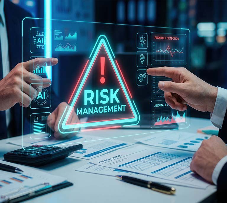 Cyber security professionals reviewing risk management data, threat analysis and security assessment findings.