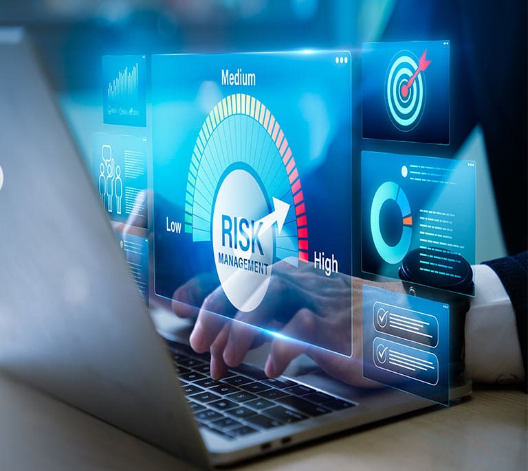 Cyber security dashboard displaying risk management metrics, threat analysis and security monitoring data.