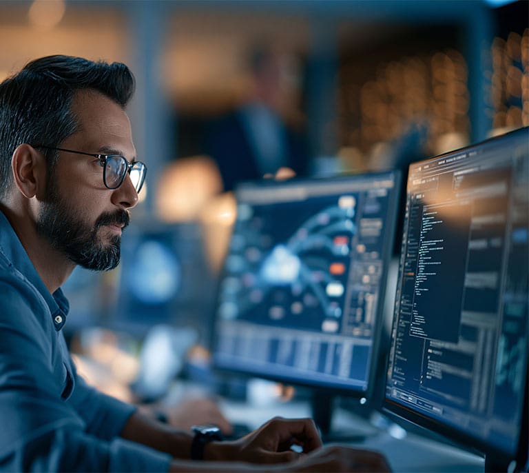 IT professional monitoring hosting infrastructure, security systems and server performance across a managed environment.