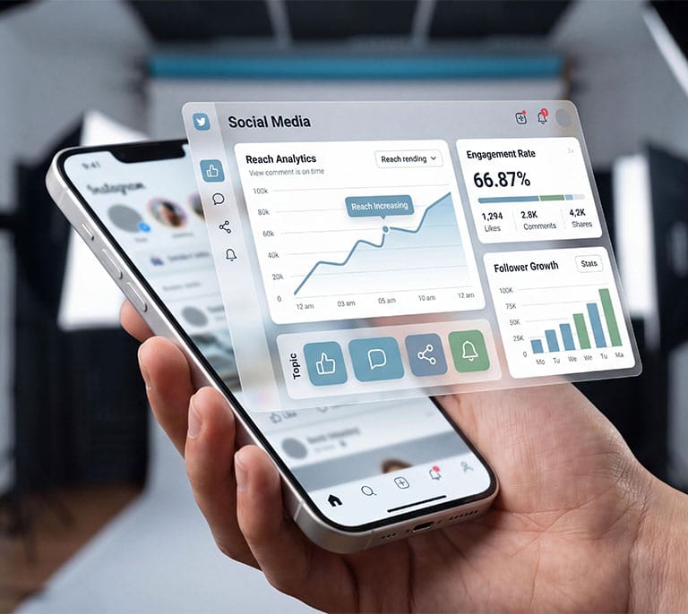 Social media analytics dashboard displaying engagement metrics, audience insights and campaign performance data.
