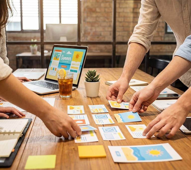 Marketing team planning social media adverts, creative assets and campaign messaging for a paid social campaign.