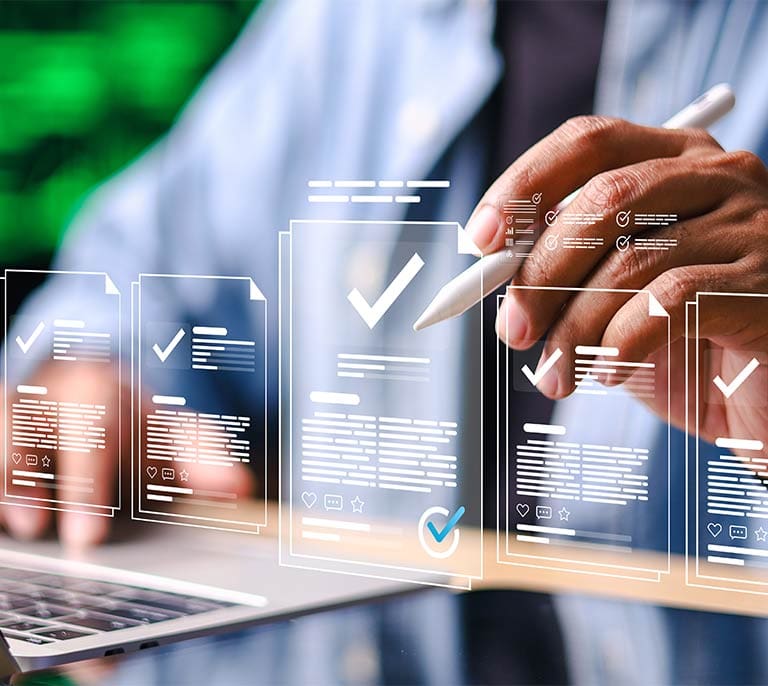 Digital workflow review interface displaying business process assessments, system analysis and operational improvement planning.