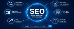 Search engine optimisation infographic showing keyword research, on-page optimisation, content creation, ranking improvement and website analytics.