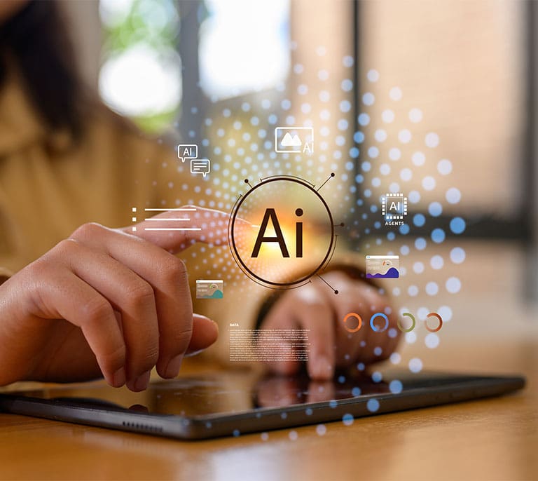 AI technology interface displayed on a tablet showing artificial intelligence tools, automation capabilities and digital transformation opportunities.