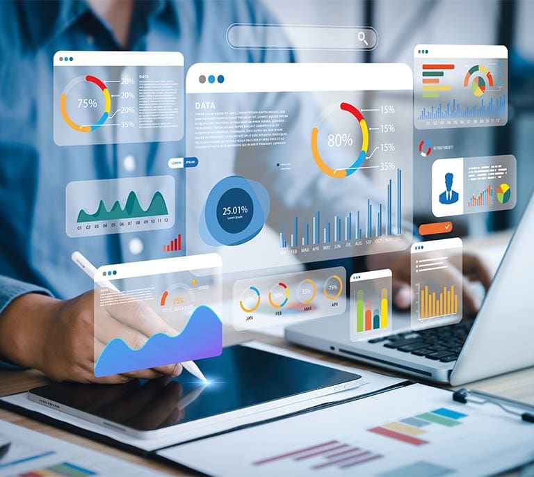 Connected business systems, analytics dashboards and software integrations displayed across a digital management platform.